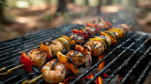 Golden shrimp and vibrant vegetables roasted on the grill