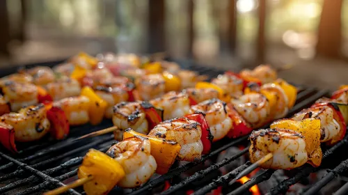 Appetizing shrimp skewers with vibrant vegetables on the grill on a summer day