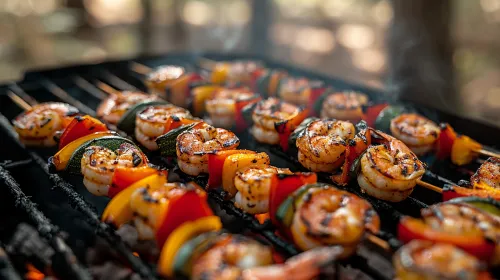 Primer plano de gambas a la parrilla con verduras de colores en brochetas