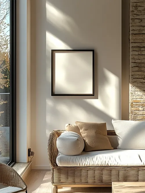 Bright room with a sofa and an empty picture frame