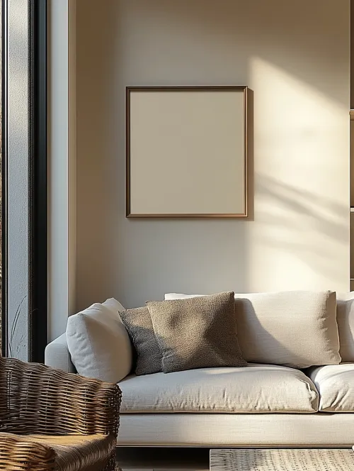 Cozy living room with a sofa and a picture frame on the wall