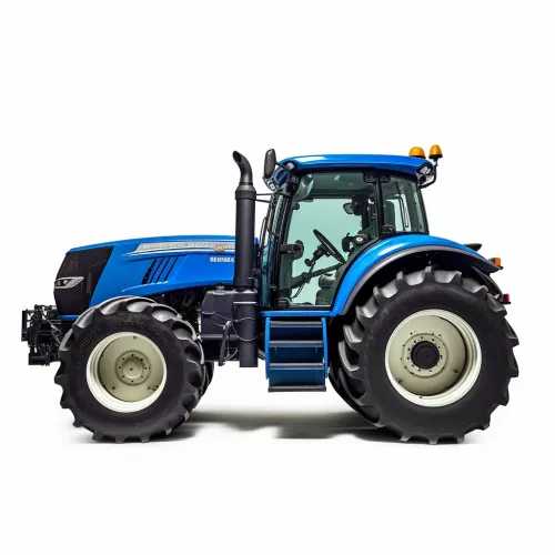 Stylish blue tractor with large wheels on a white background