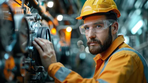 Engineer in protective gear working with equipment in production