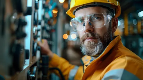 Hombre con casco de seguridad y gafas controla el equipo en la fábrica