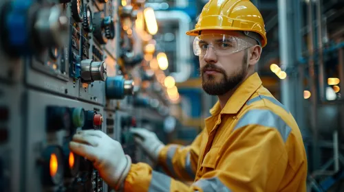 Trabajador en ropa de kinetiks frente al control del proceso tecnológico