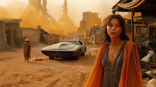 Woman in an Orange Outfit Next to an Old Car in a Post-Apocalyptic Landscape