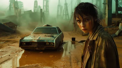 A young woman stands next to a rusty car in an abandoned area
