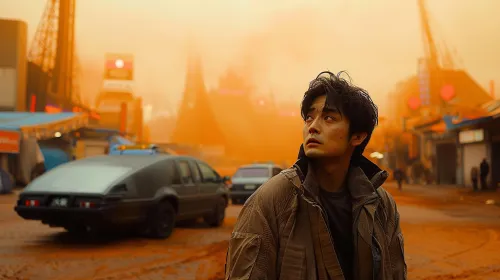 A man in a jacket stands amid a dusty urban scene in uncertain times