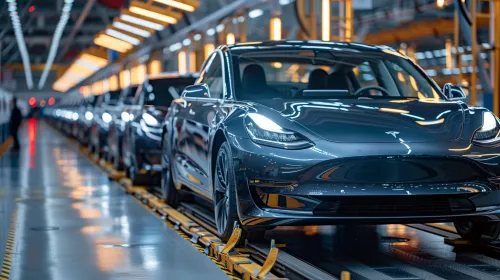 Línea de ensamblaje con automóviles Tesla en la sala de producción