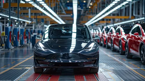 Automóvil eléctrico Tesla negro en el proceso de producción en la fábrica