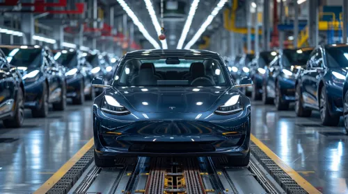 Automóvil eléctrico Tesla entre otros coches en la línea de ensamblaje de la fábrica.