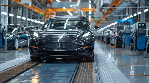 Automóvil eléctrico Tesla negro en la línea de ensamblaje de la fábrica