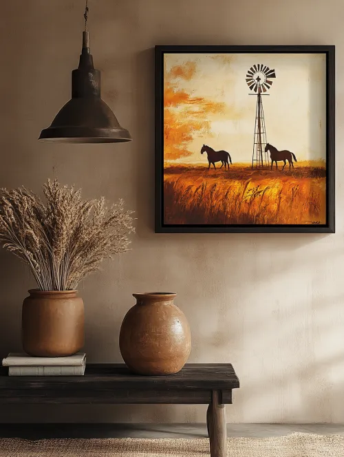 Thought-provoking painting of horses on a smooth sunset surface