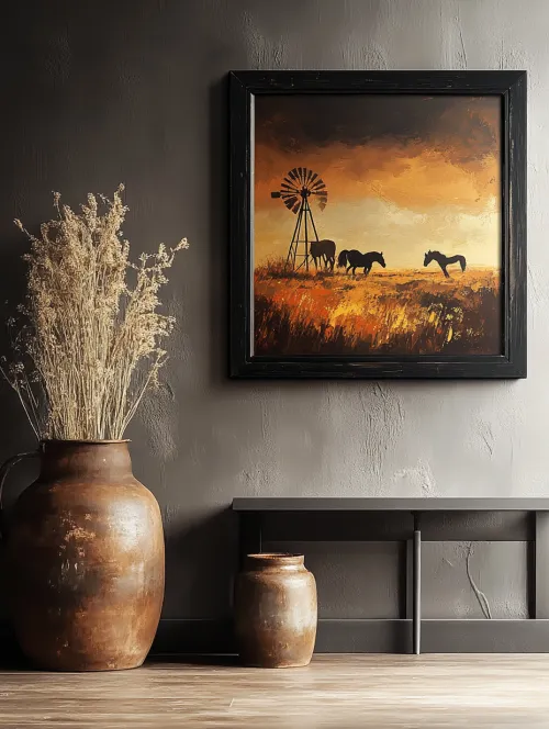 Picturesque scene with horses and a windmill at sunset