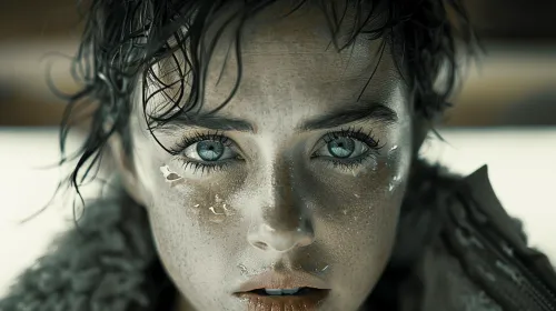 Close-up of a woman's face with wet hair and bright eyes