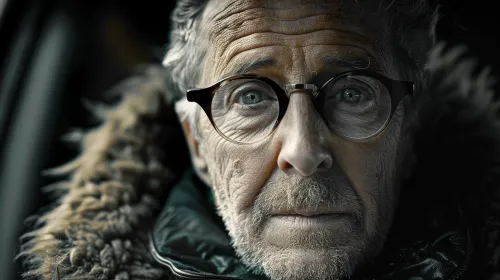 Serious gaze of an elderly man in glasses with wrinkled skin