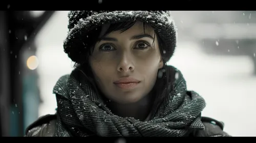 Woman in a warm scarf and hat against falling snow