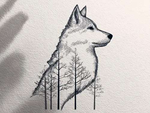 A wolf depicted against a forest background, created in a stylized manner