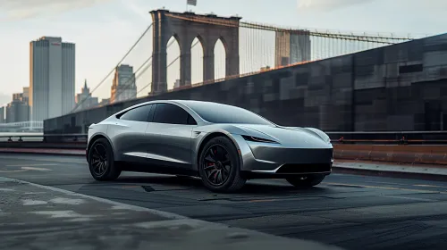 Automóvil deportivo eléctrico contra la arquitectura urbana con un puente