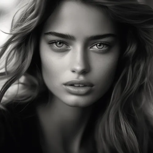 Black-and-white portrait of a woman with pink lips and long hair