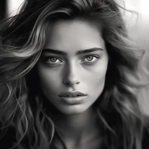 Portrait of a girl with wavy hair and expressive eyes in black and white