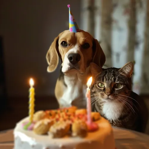 Dog and cat next to a birthday cake with candles