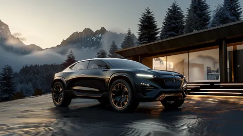 Elegant black crossover with large wheels against a backdrop of mountains and forest