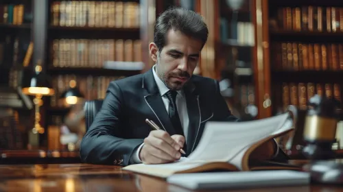 Hombre en un traje formal estudiando documentos en la biblioteca