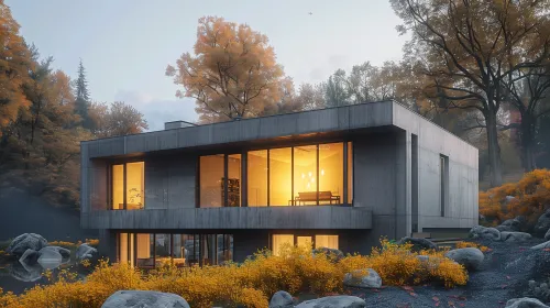 Designer house with large windows against the backdrop of an autumn forest