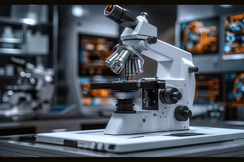 Modern microscope on a table in a scientific laboratory with digital screens