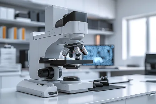 Un microscopio moderno está sobre una mesa de laboratorio entre instrumentos