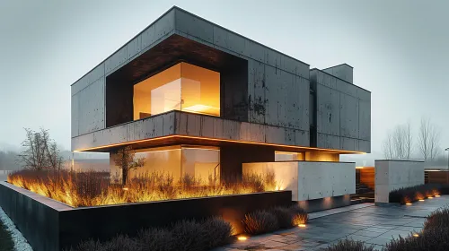 House with Monolithic Structure and Evening Lighting