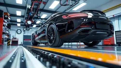 Automóvil deportivo negro en un garaje con herramientas