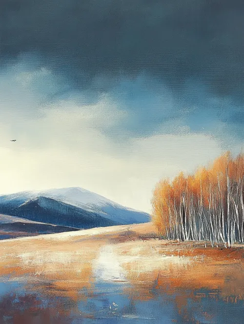 Landscape with mountains and autumn trees under a cloudy sky