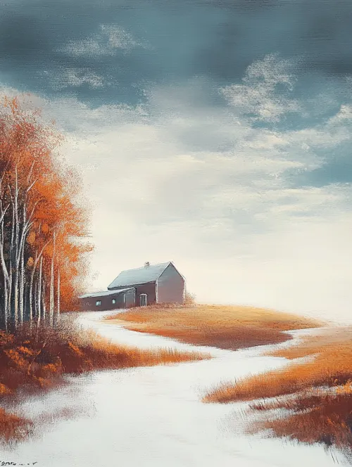 Calm autumn landscape with a lonely cottage set against nature