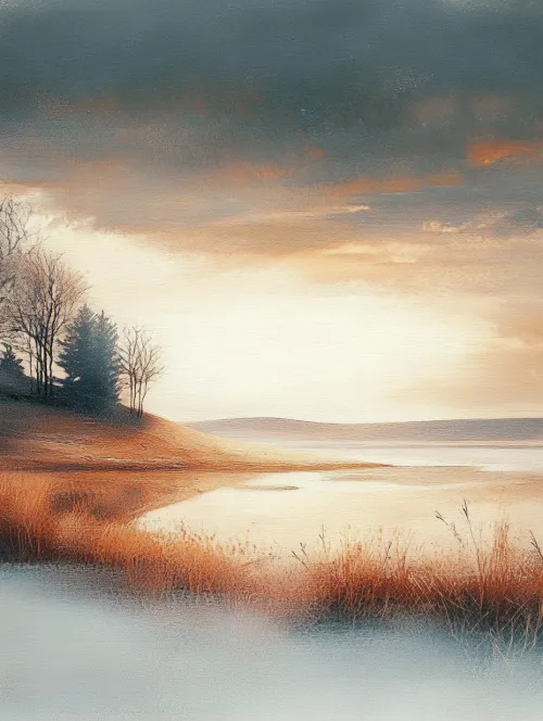 Paisaje con un lago y árboles de fondo en el atardecer