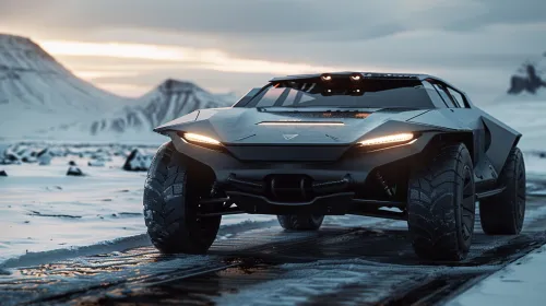 Modern SUV with powerful tires against a snowy mountain backdrop