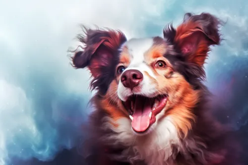 A dog with bright fur smiles against a colorful cosmos