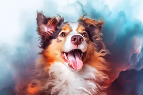 Perro simpático con ojos expresivos sobre un fondo abstracto