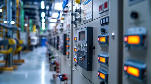 Panel de control con instrumentos de medición e indicadores en la fábrica