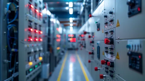 Image of control panels in an industrial room with indicators and buttons