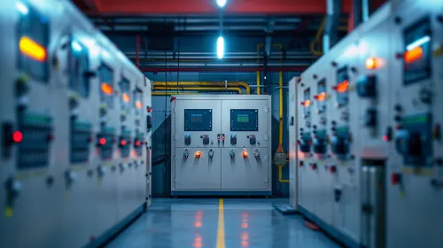 Interiores con paneles eléctricos y controladores en un entorno de fábrica