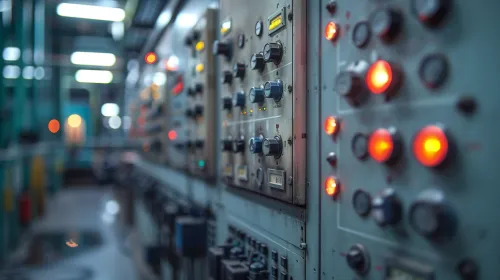 Control panel with buttons and indicators in a factory environment