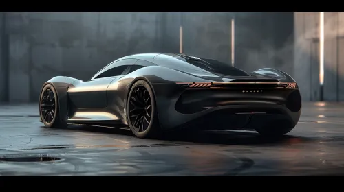 Elegant black sports car against a backdrop of modern industrial space