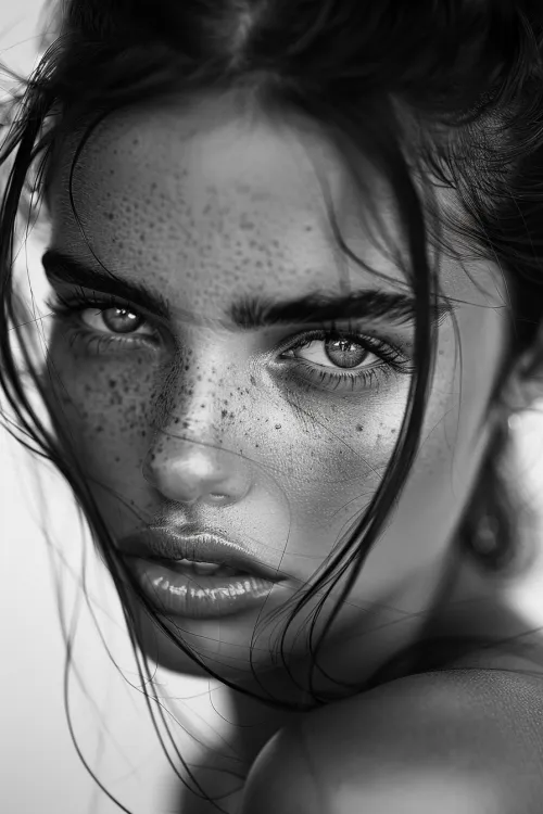 Black and white portrait of a girl with expressive facial features and freckles