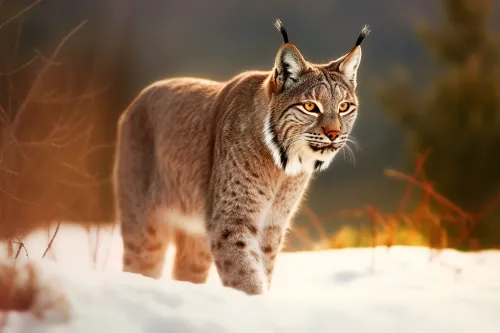 Lynx walking on the snow in a winter forest landscape