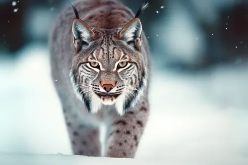 Photograph of a lynx walking on snow in a winter setting