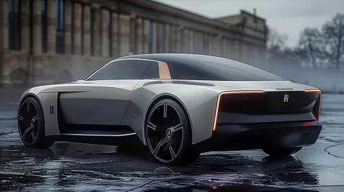 Electric car with smooth shapes and futuristic lines against an urban backdrop