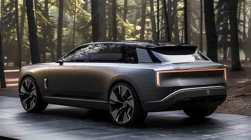 Modern electric crossover against a backdrop of a forest with bright light