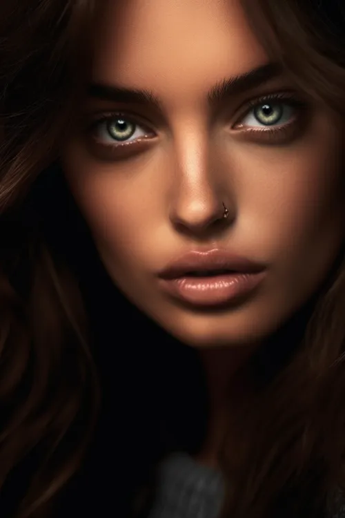 Close-up of a girl's face with green eyes and flowing hair